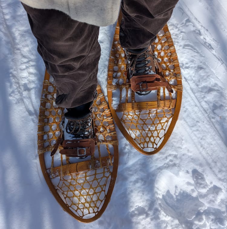 A photo of someone's feet wearing hiking boots strapped into traditional wood and rawhide snowshoes with leather bindings, standing in the snow.